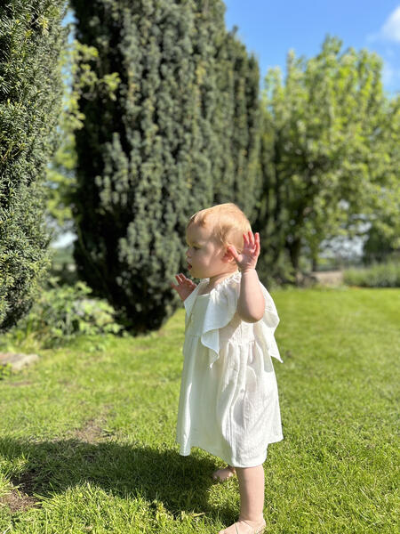 toddler standing in sunny garden wearing white dress in cotton pointelle jersey with frill over shoulders