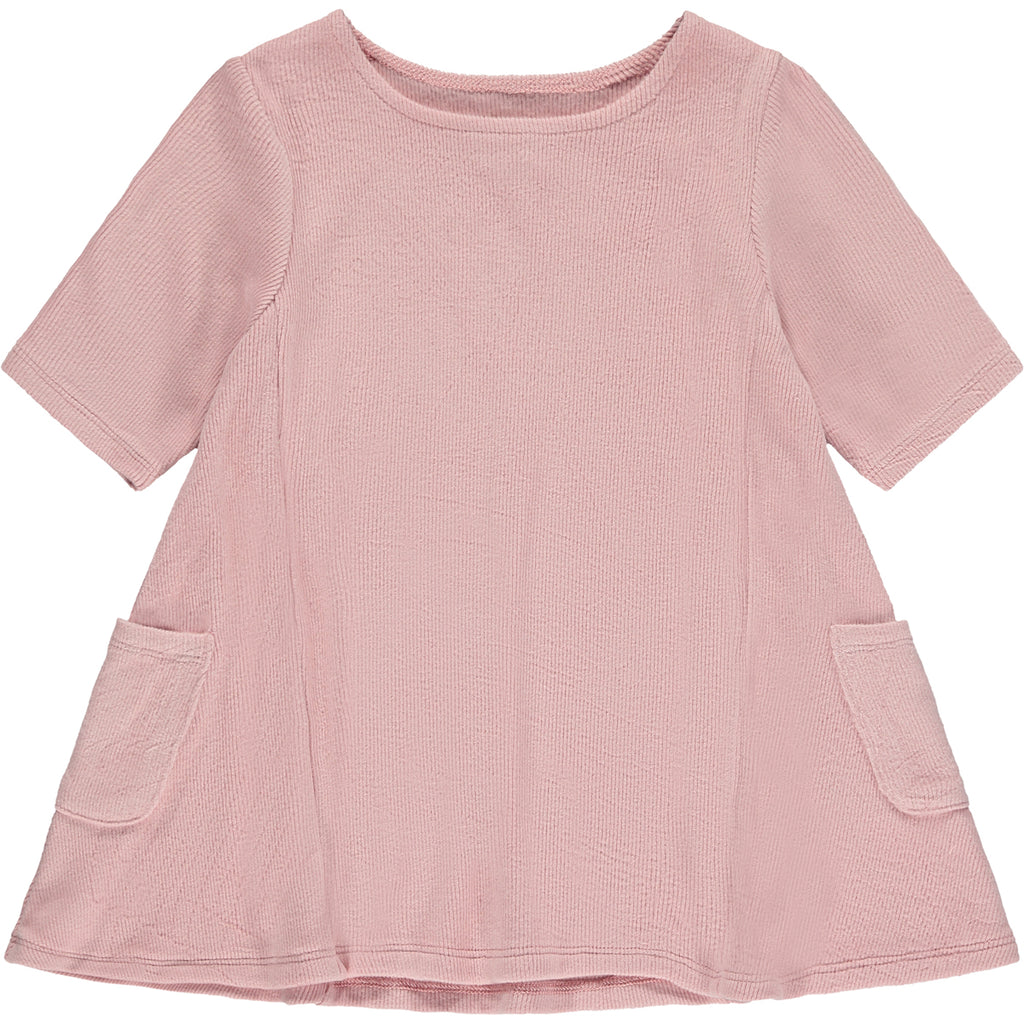 short sleeve A-line soft pink dress with side patch pockets and round neck