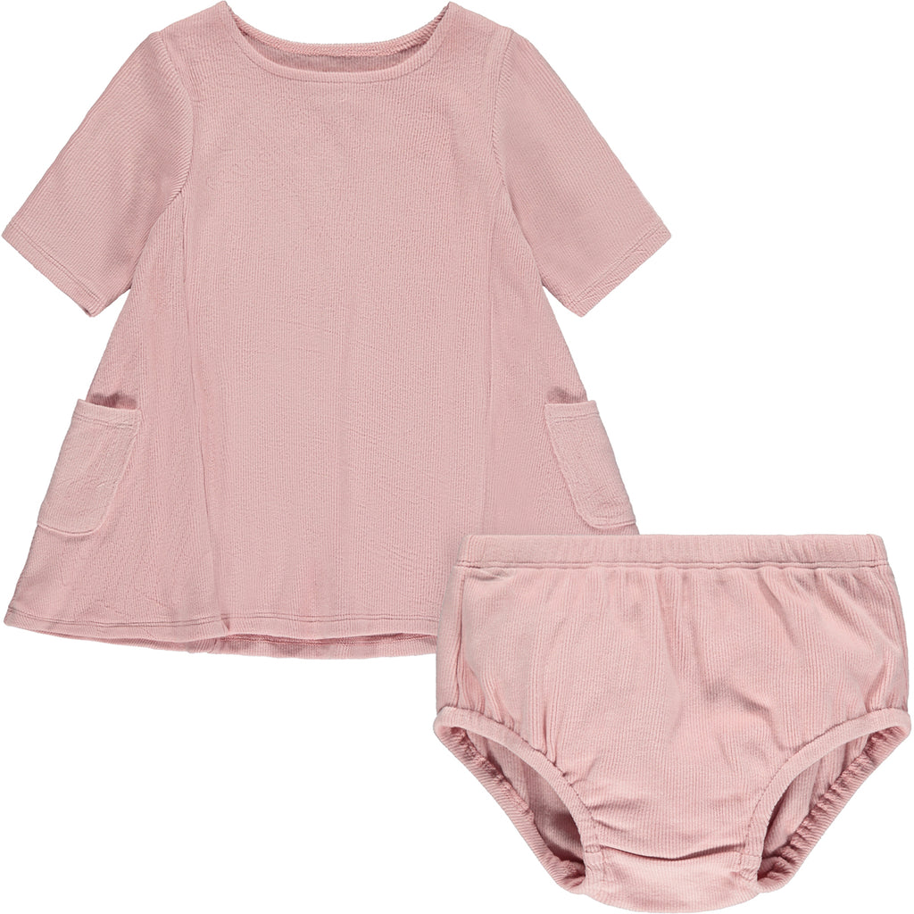 short sleeve A-line soft pink dress with side patch pockets and round neck and matching diaper cover pants