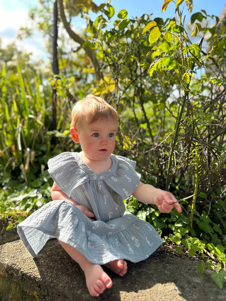 happy baby sat on a rock in sunny garden wearing delicate blue gauze summer dress with white seahorse print. Large over the shoulder frills and v neck front and back