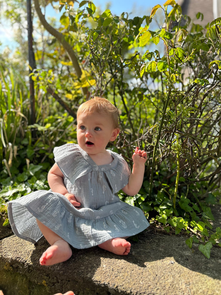 happy baby sat on a rock in sunny garden wearing delicate blue gauze summer dress with white seahorse print. Large over the shoulder frills and v neck front and back
