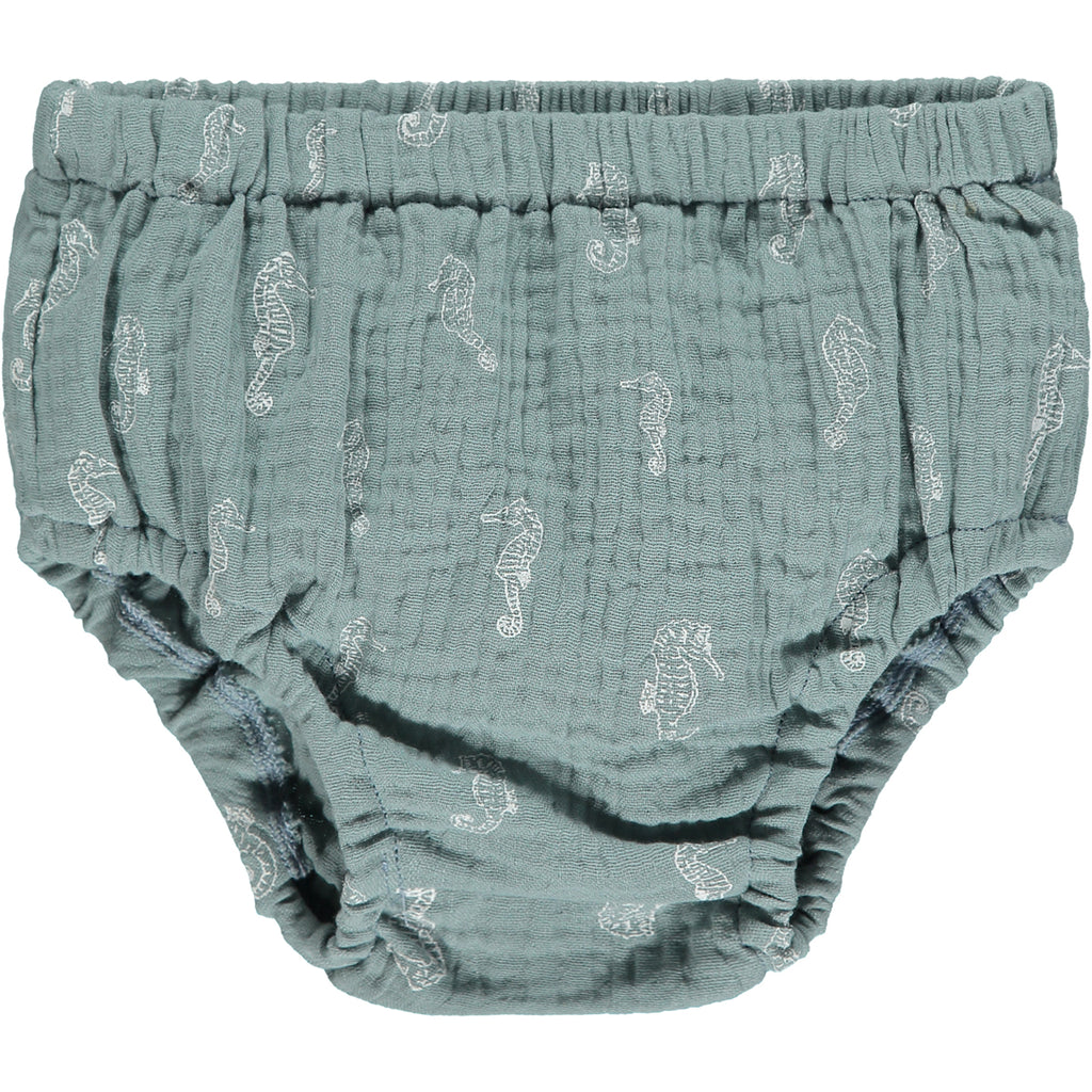 diaper pants in blue gauze and white seahorse print