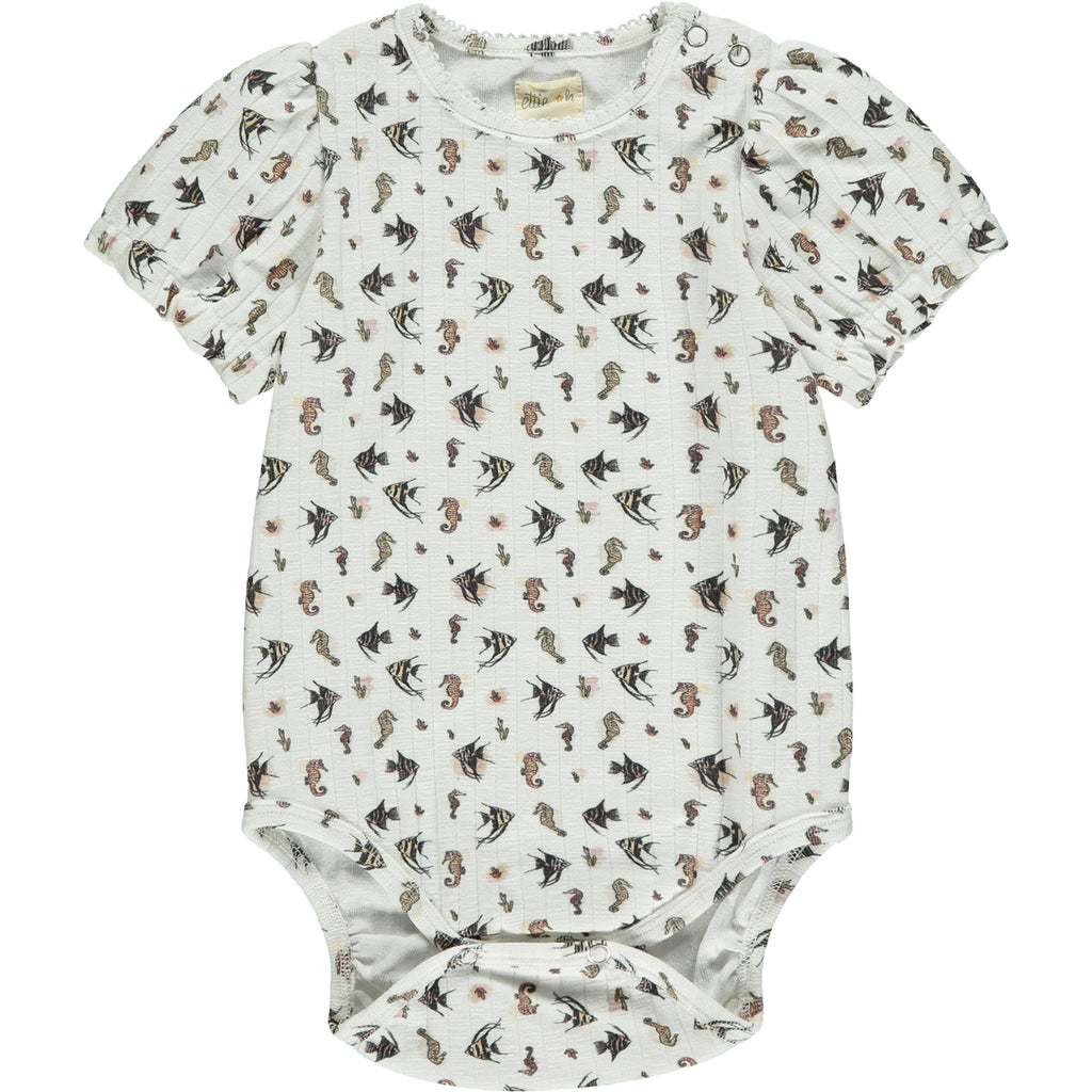 short sleeved white ribbed jersey onesie with seahorse print