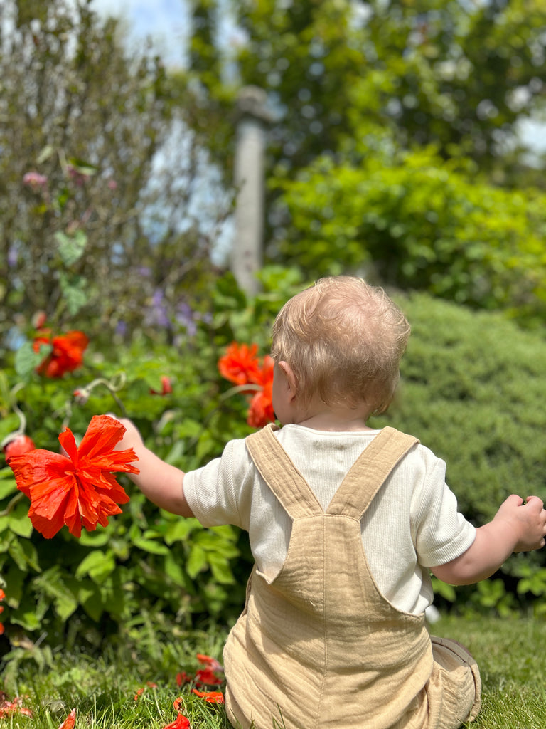 back view of toddler sat in sunny garden in front of summer flowers wearing gold shortie gauze overalls