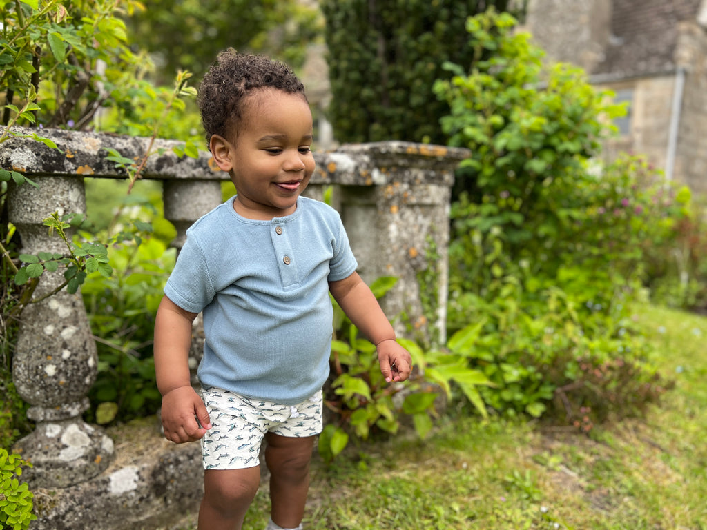 happy toddler in sunny garden wearing pale blue short sleeved henley tee with 2 button detail and whale print shorts