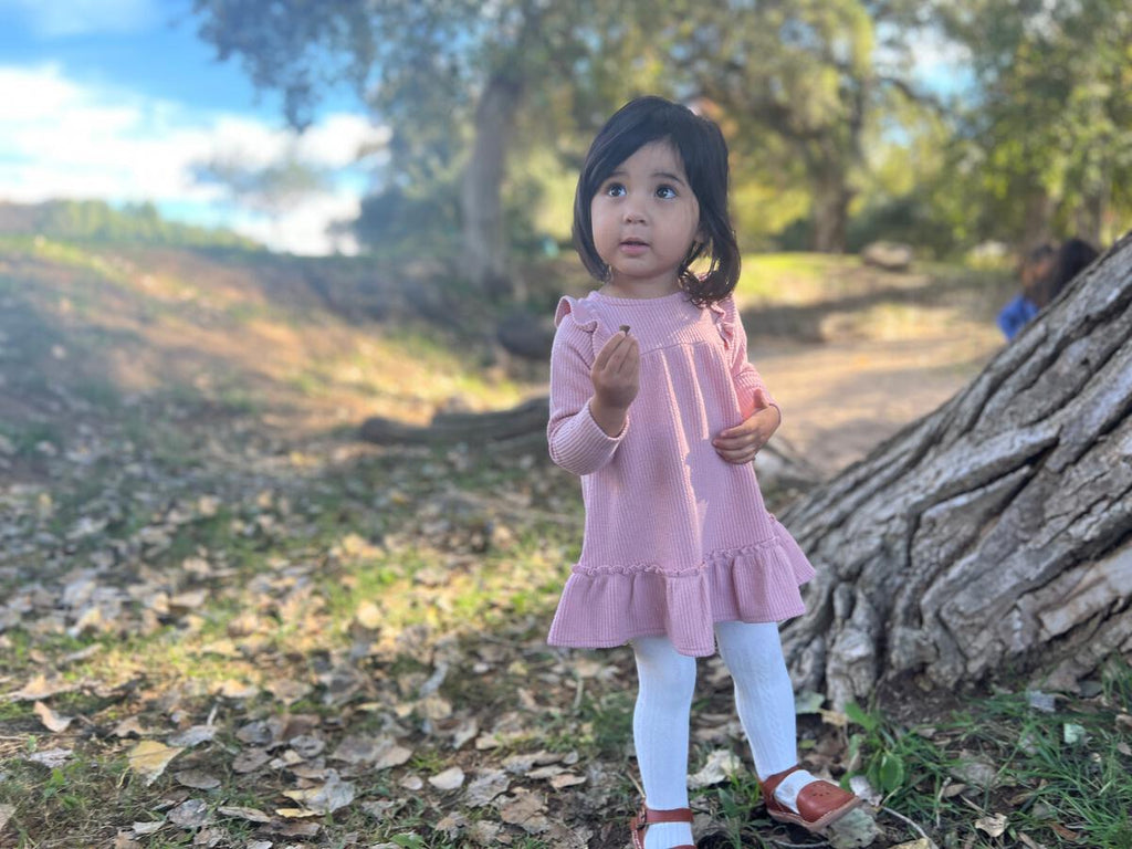 toddler in autumn wood wearing pink dress with ruffle shoulders and long sleeves ruffle frill around the bottom