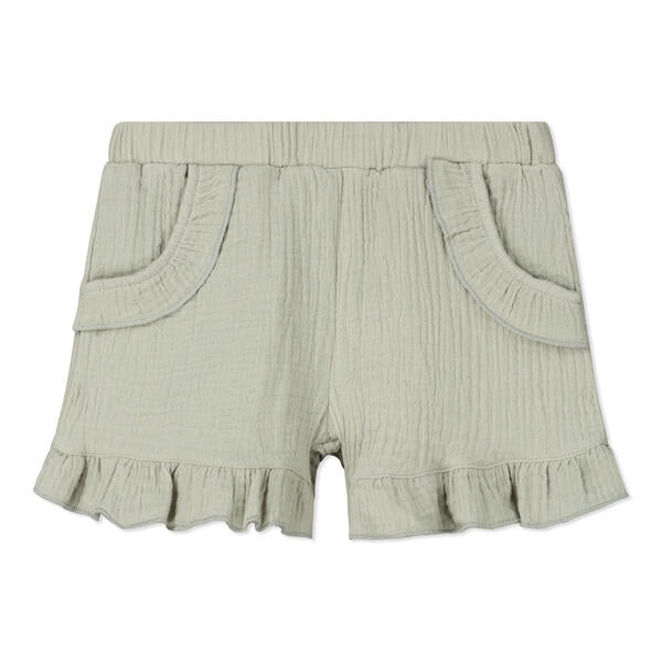 grey gauze shorts with 2 side pockets and frill around legs