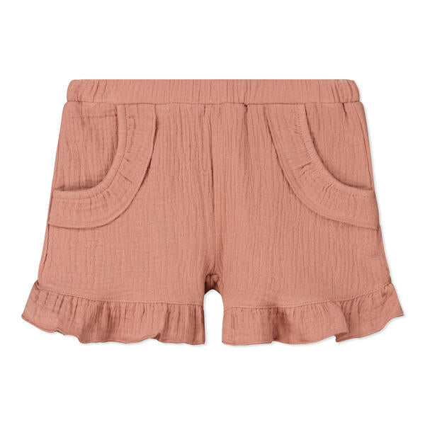 pink gauze shorts with 2 side pockets and frill around legs