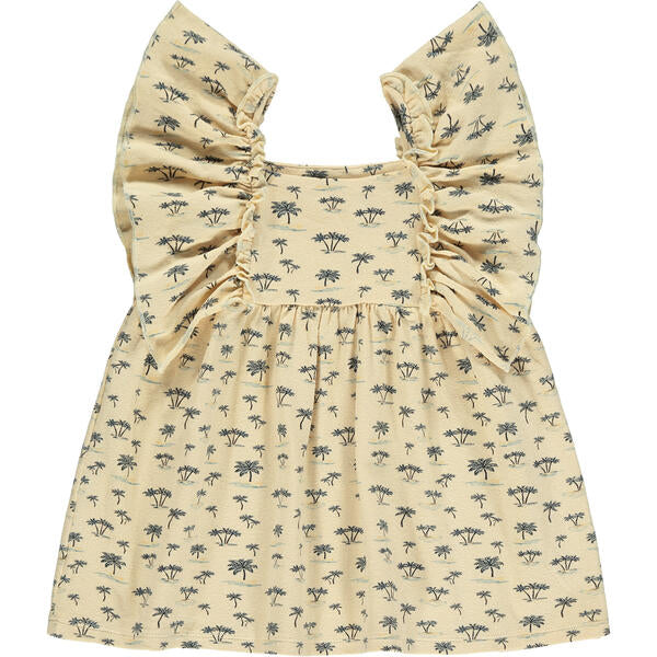  cream dress in cotton jersey with frill over shoulders and palm tree print
