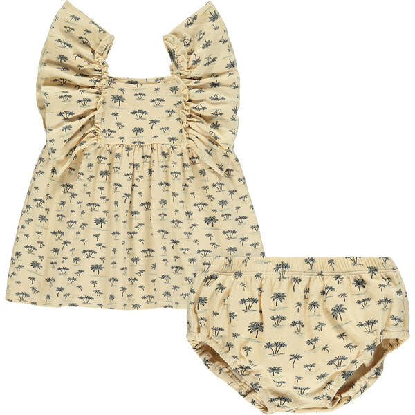  cream dress in cotton jersey with frill over shoulders and palm tree print matching diaper cover pants