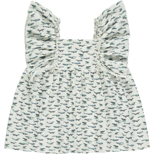 white dress in cotton jersey with frill over shoulders in whale print