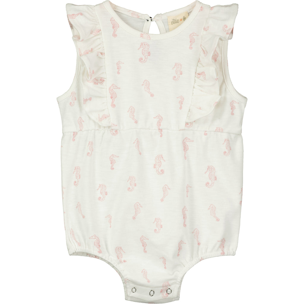 jersey cotton romper with frill detail. pink seahorse all over print. short sleeve and legs