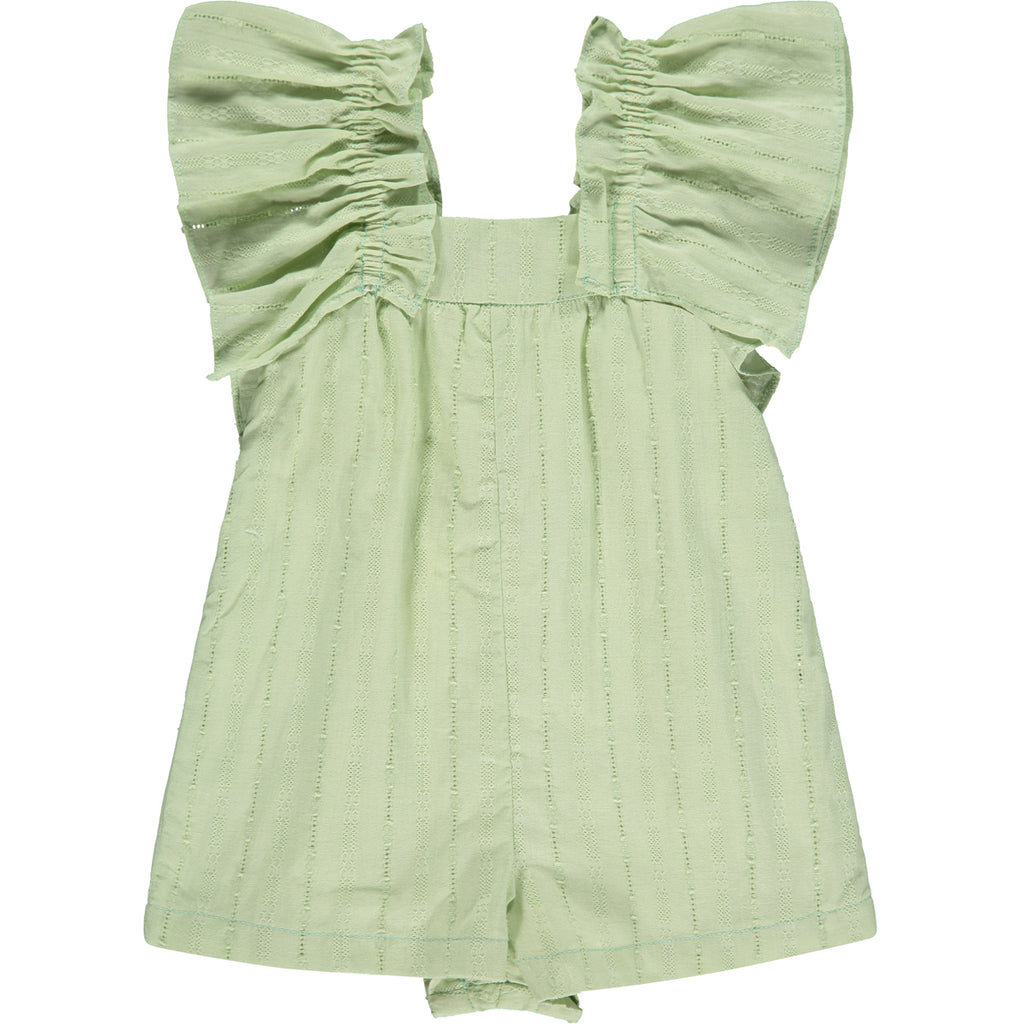 pretty green all in one romper in pointelle fabric big frill sleeves