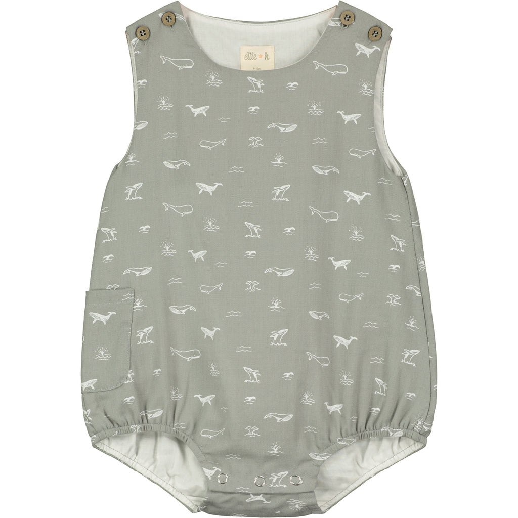 bubble romper in grey with whale print all over 2 buttons on each shoulder strap elasticated leg holes