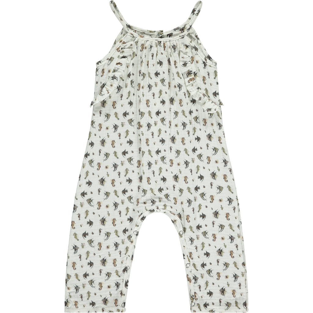 jersey long legged romper with shoe string straps and frills Small seahorse print on white background