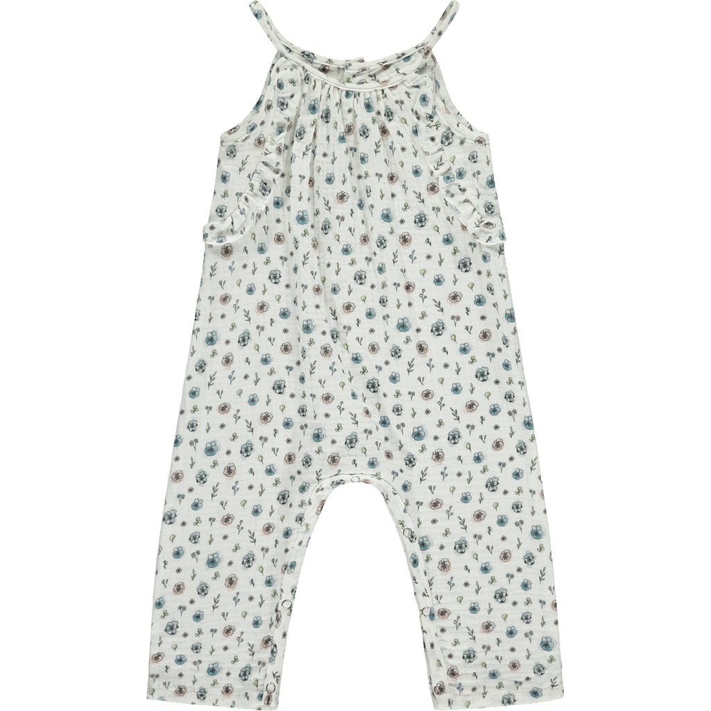 jersey long legged romper with shoe string straps and frills Small flowers print on white background
