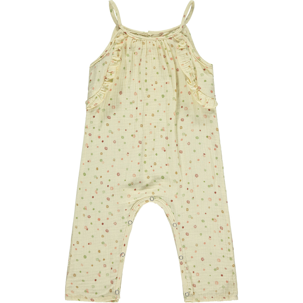 jersey long legged romper with shoe string straps and frills multi colored polka dots on cream background 