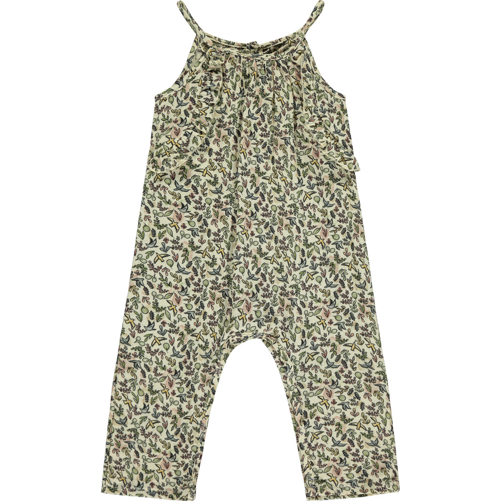  jersey long legged romper with shoe string straps and frills Small flowers and birds print on cream background