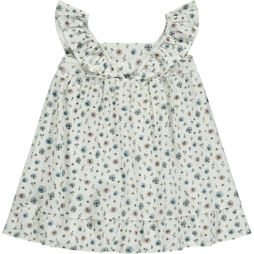 white dress with flower print frill shoulders hem frill