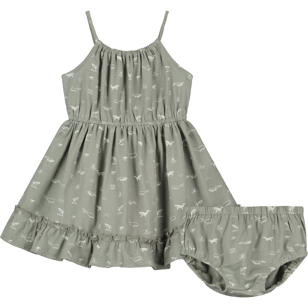 grey dress with whale print elastic waist shoestring shoulder straps hem frill matching diaper cover pants