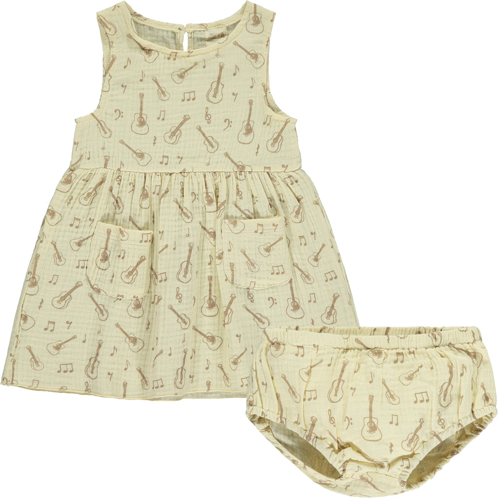 cream gauze sleeveless dress with all over brown guitar print 2 front patch pockets with matching diaper cover pants