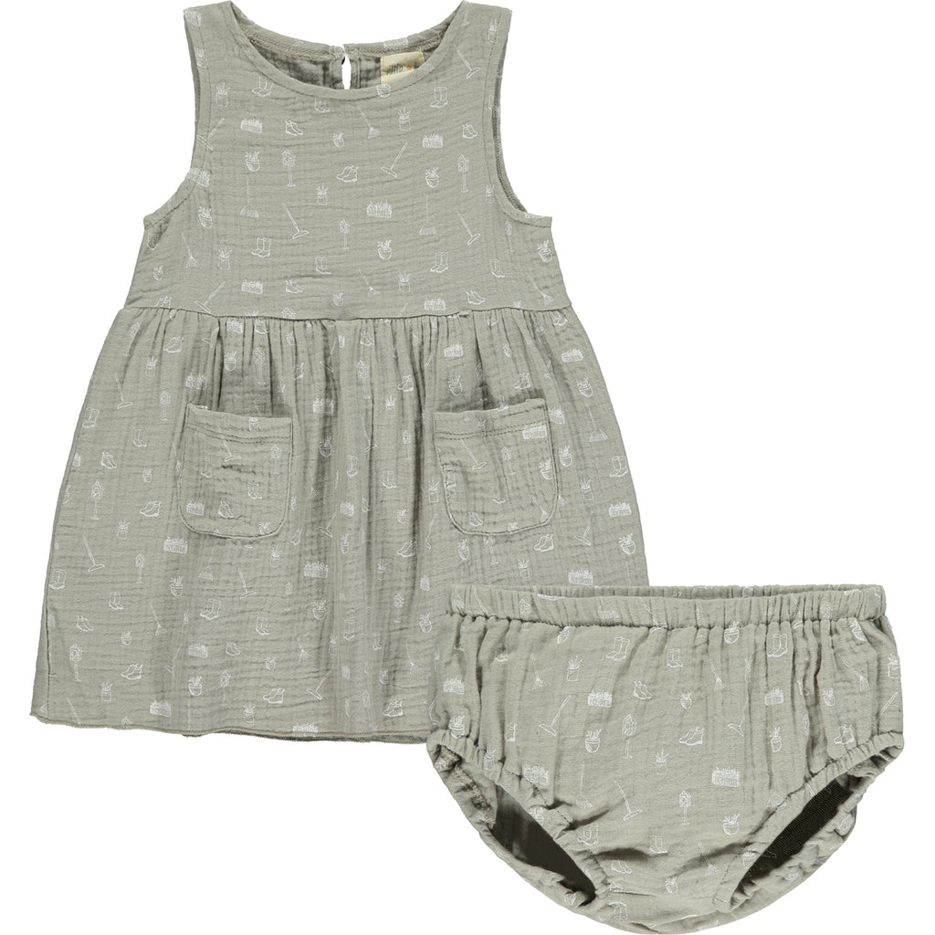grey gauze sleeveless dress with all over white gardening image print 2 front patch pockets with matching diaper cover pants