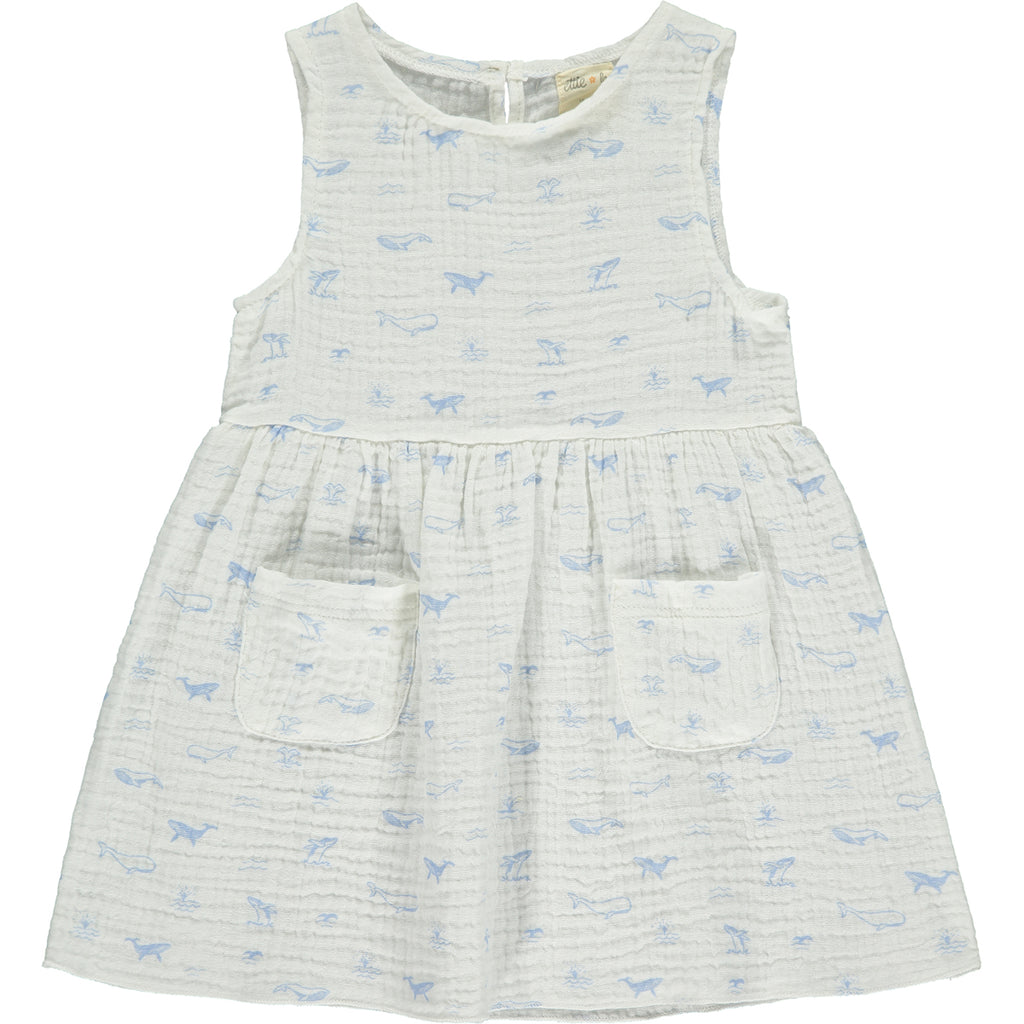 white gauze sleeveless dress with all over blue whales print 2 front patch pockets