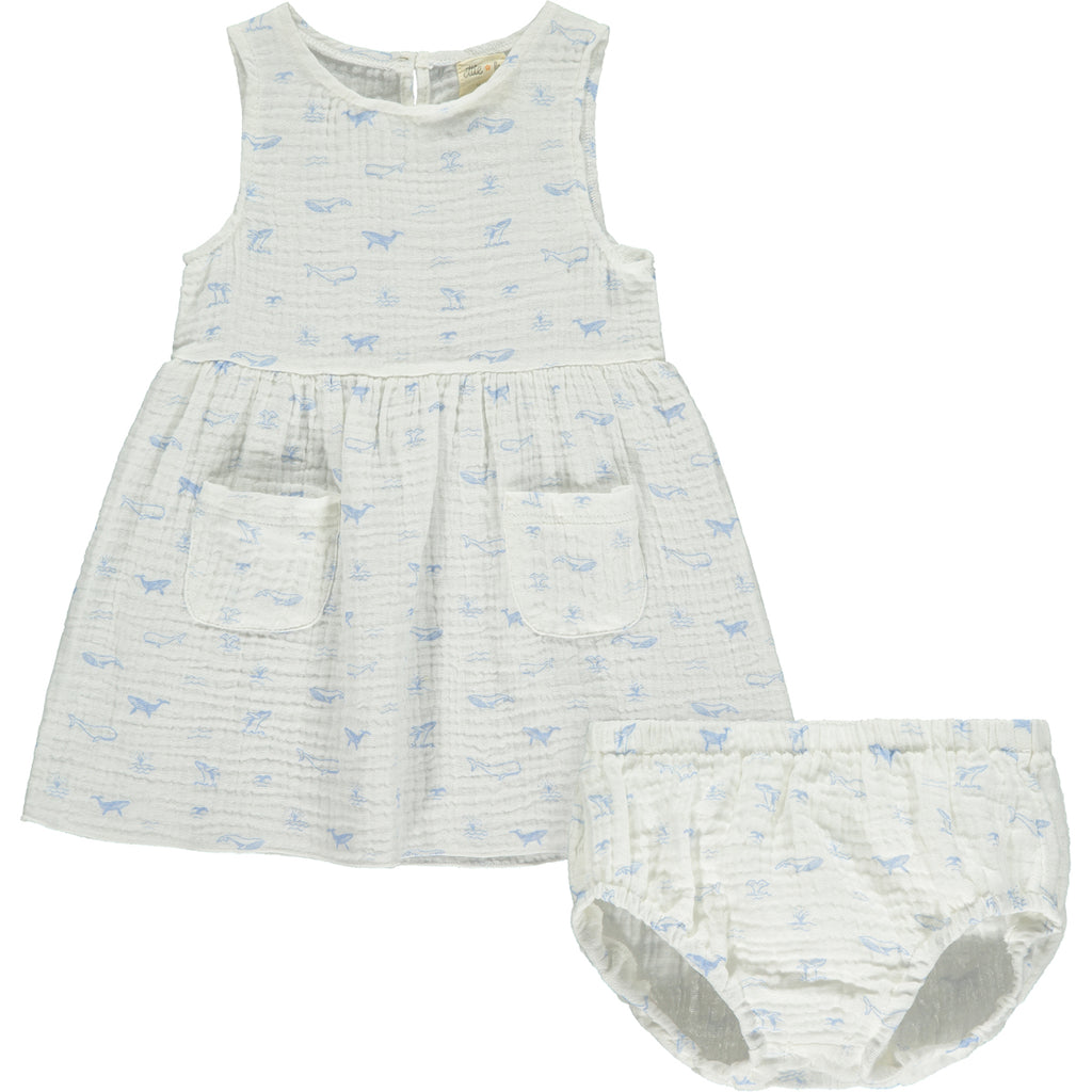 white gauze sleeveless dress with all over blue whales print 2 front patch pockets and matching diaper cover pants