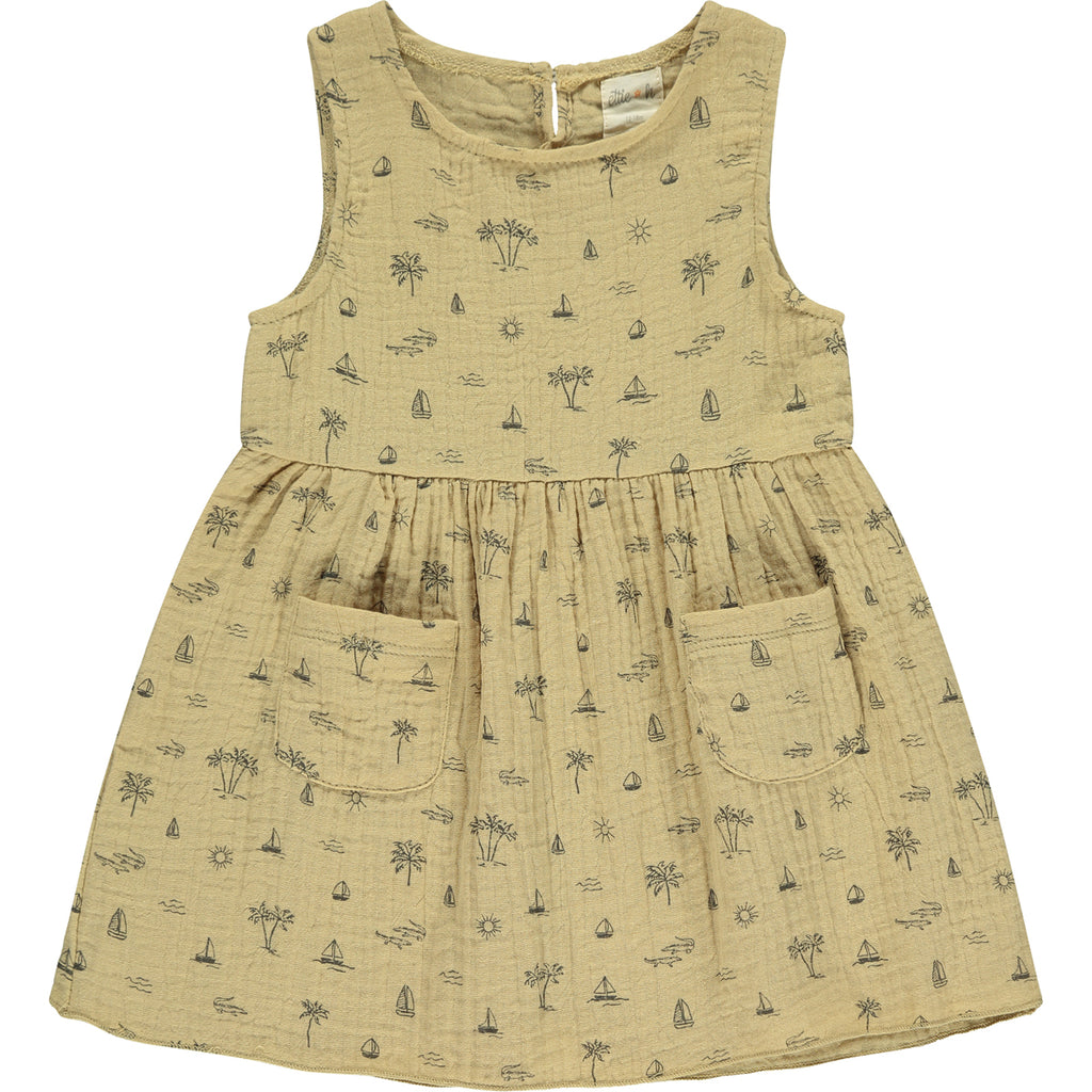  cream gauze sleeveless dress with all over island, boat and palm tree print 2 front patch pockets
