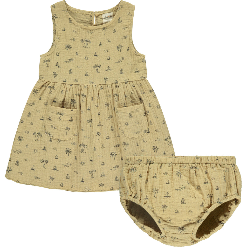  cream gauze sleeveless dress with all over island, boat and palm tree print 2 front patch pockets with matching diaper cover pants