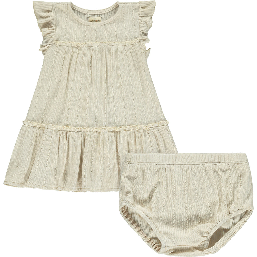 cream two tiered frill dress with frill sleeves matching diaper cover pants