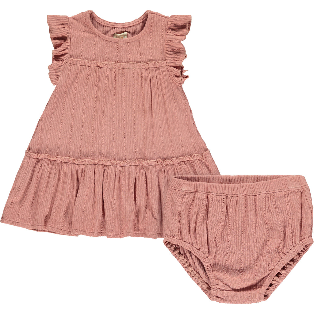  pale pink two tiered frill dress with frill sleeves with matching dipaer cover pants