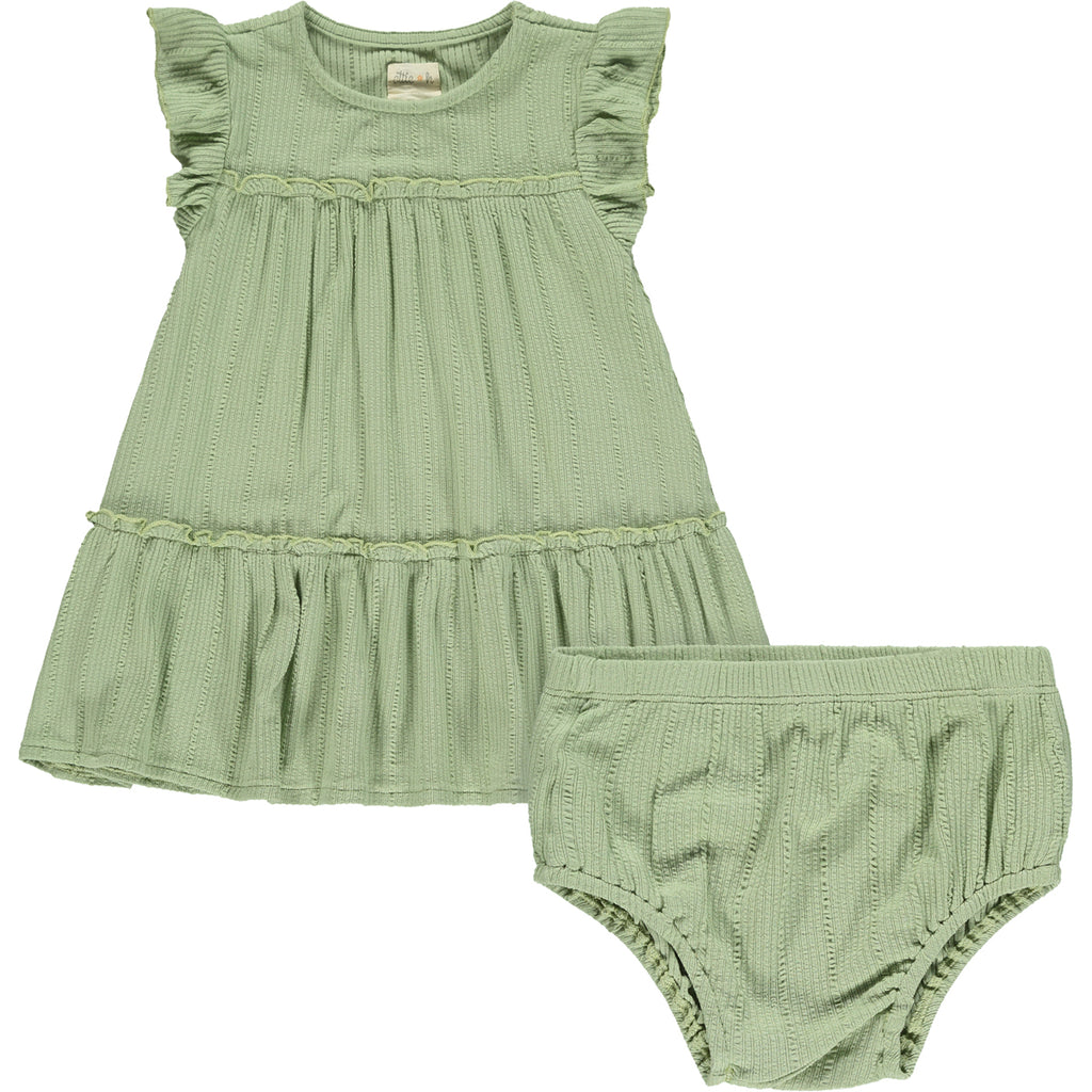 pale green two tiered frill dress with frill sleeves with matching diaper cover pants