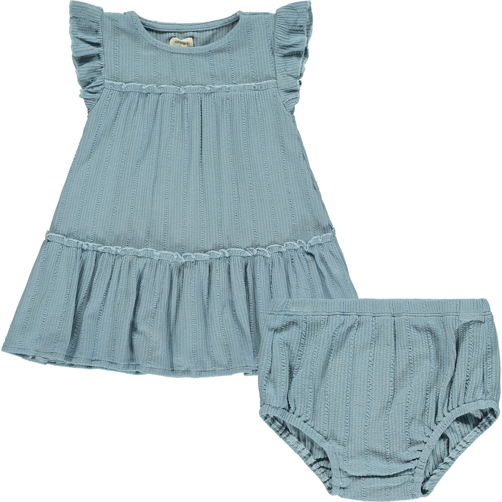 pale blue two tiered frill dress with frill sleeves and matching diaper cover pants