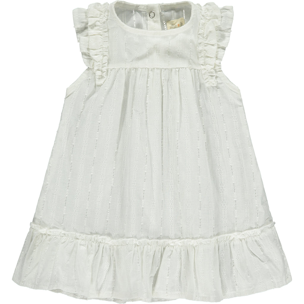 white dress in pretty cutout lace like fabric. Two layer frill sleeves and tier to hem line.