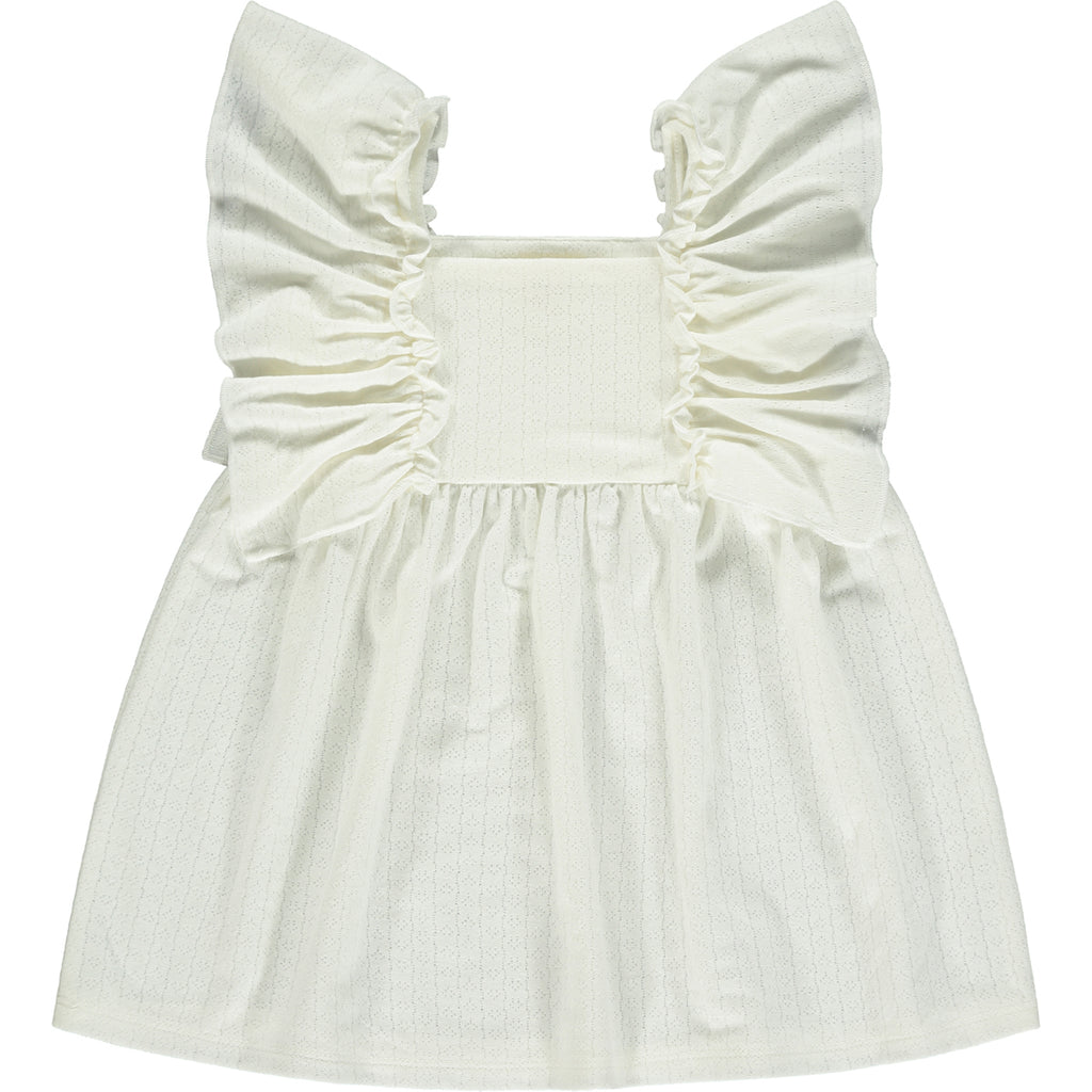 white dress in cotton pointelle jersey with frill over shoulders