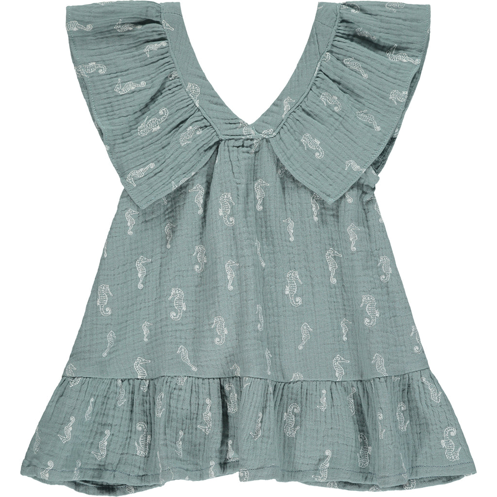delicate blue gauze summer dress with white seahorse print. Large over the shoulder frills and v neck front and back