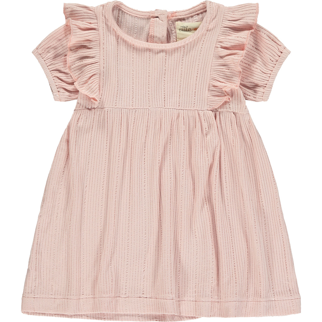 pale pink dress with frill over shoulders and short sleeves line pattern fabric