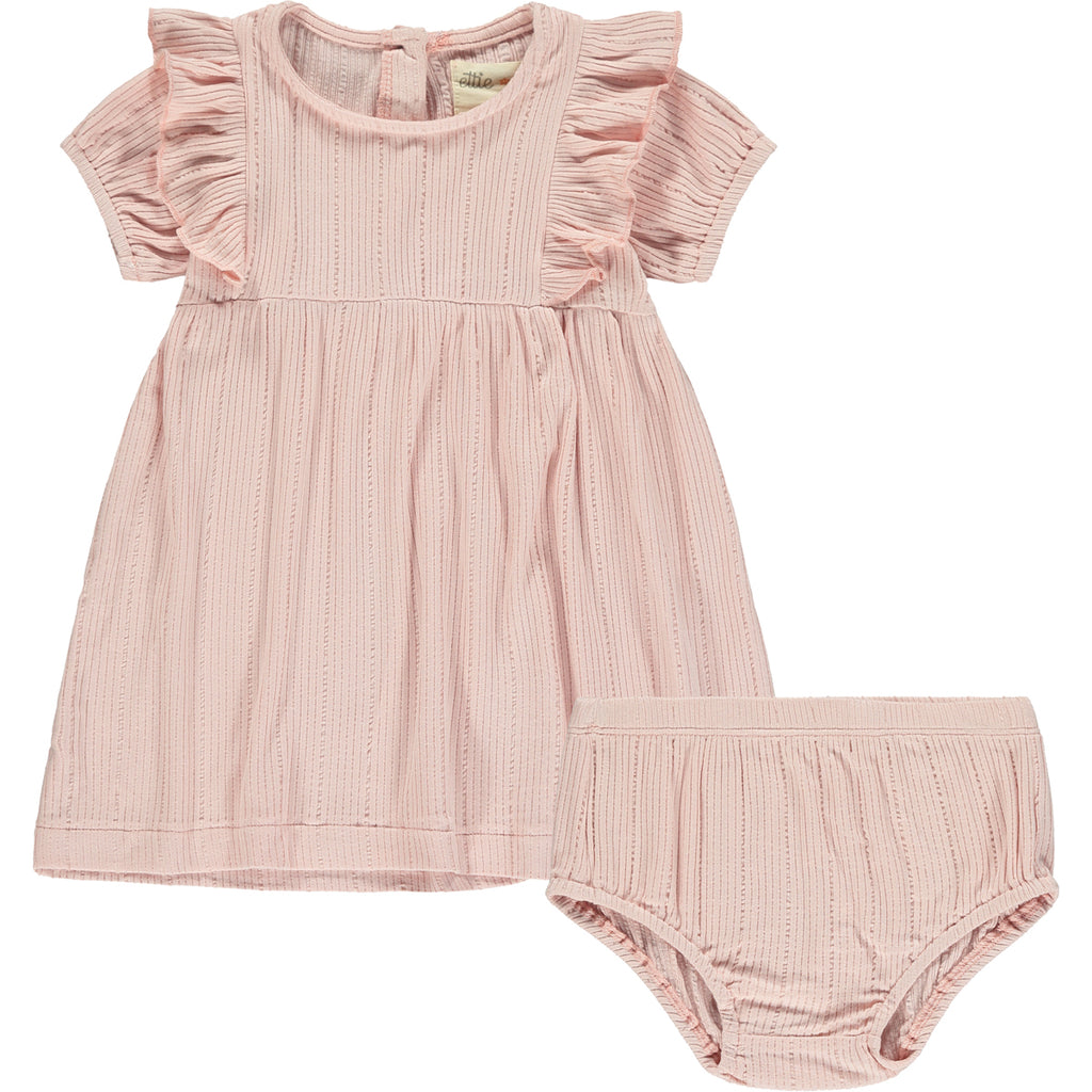pale pink dress with frill over shoulders and short sleeves line pattern fabric matching diaper cover pants