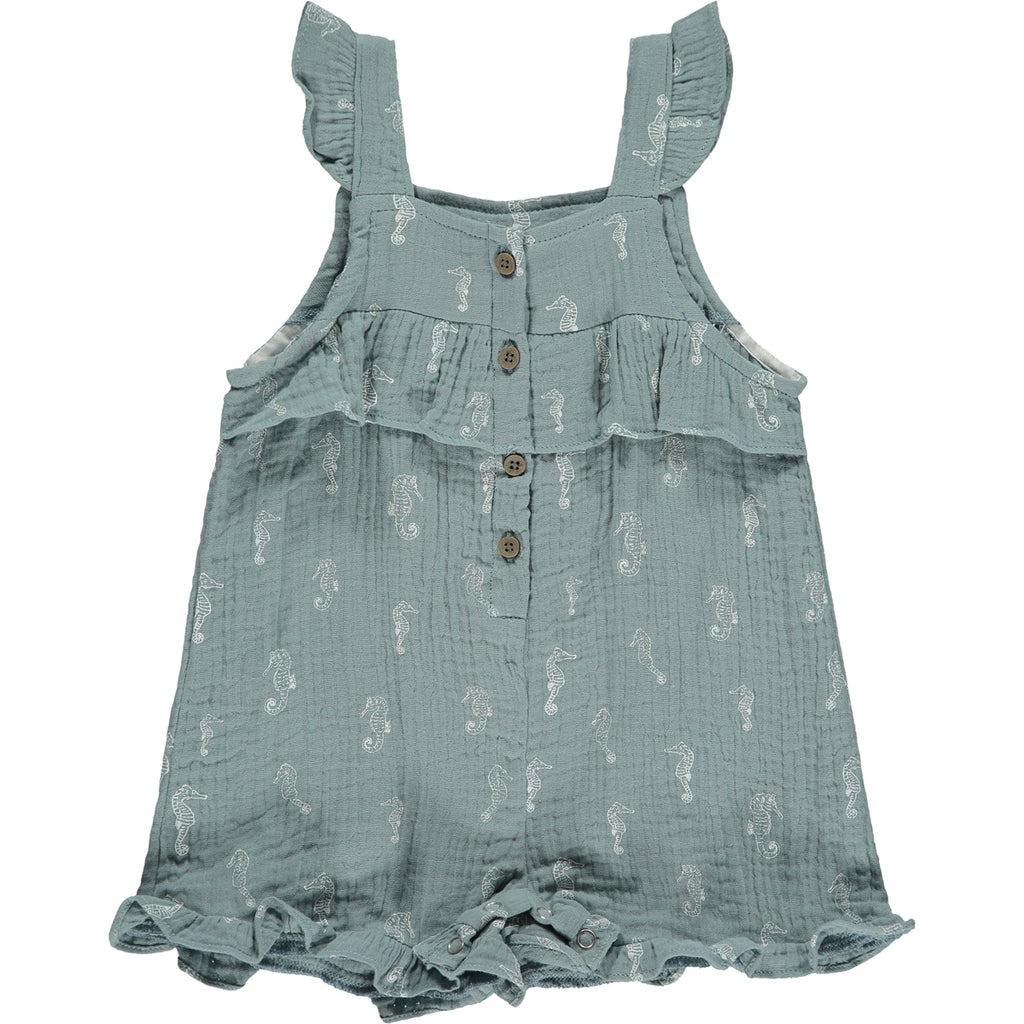 gentle blue gauze shortie overalls with white all over seahorse print. buttons on front and frill detail round front and legs