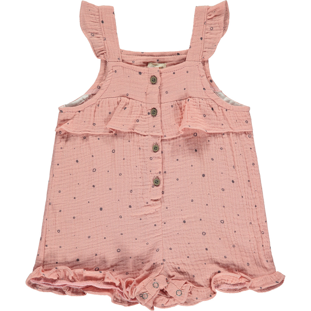  pale pink gauze shortie overal all over dotty print. buttons on front and frill detail round front and legs