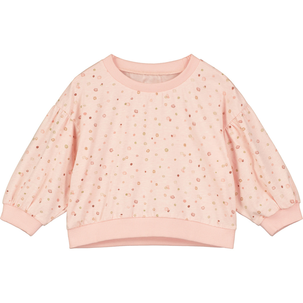 pink sweatshirt with pastel polka dots print