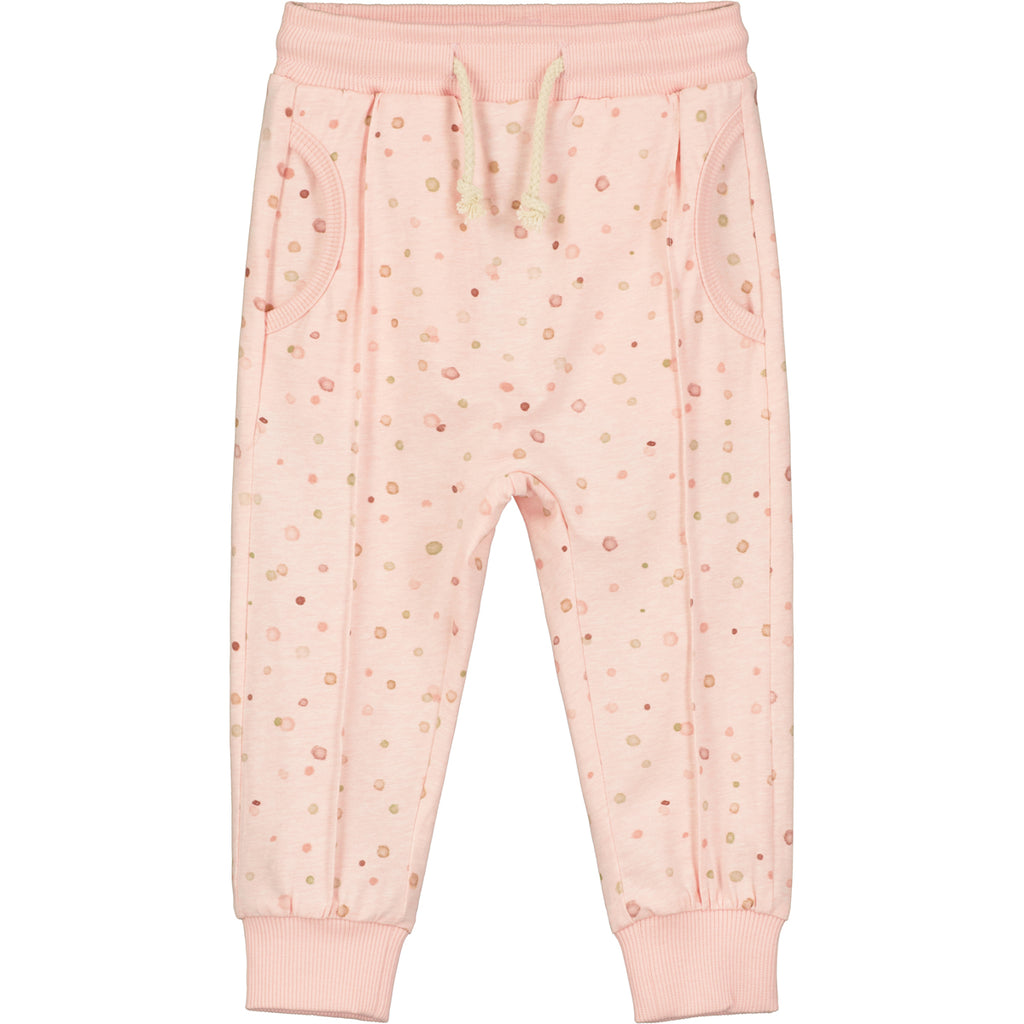 pink polka dot joggeres with elastic waistband and drawcord side pockets and front seam detail