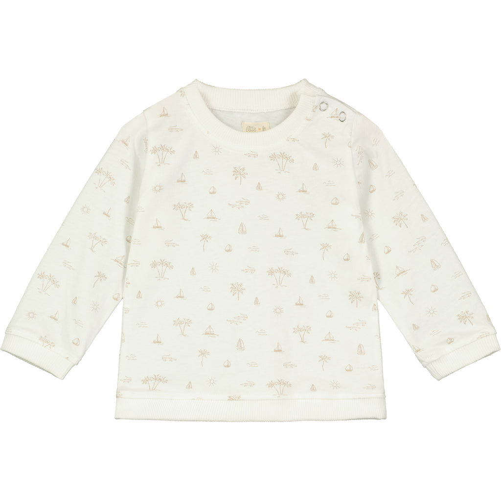 white sweatshirt with all over cream island and boat print poppers at neck 