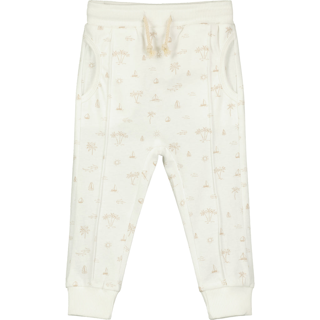  white palm tree and island print joggers with elastic waistband and drawcord side pockets and front seam detail 