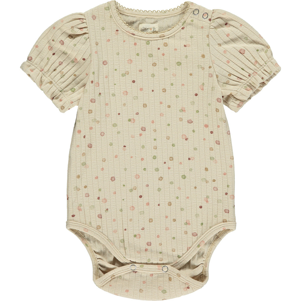 short sleeved cream ribbed jersey onesie with pastel dot print
