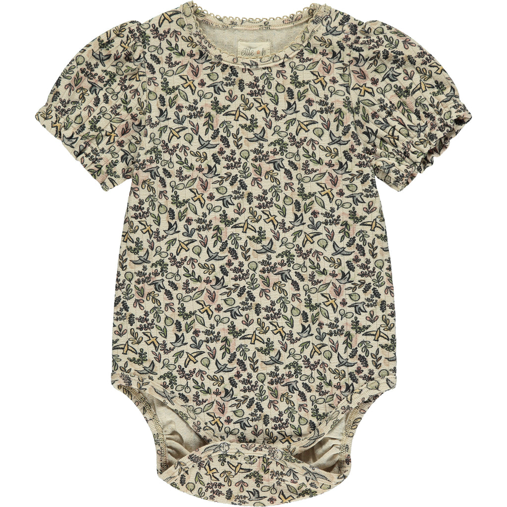 short sleeved cream ribbed jersey onesie with bird and flower print
