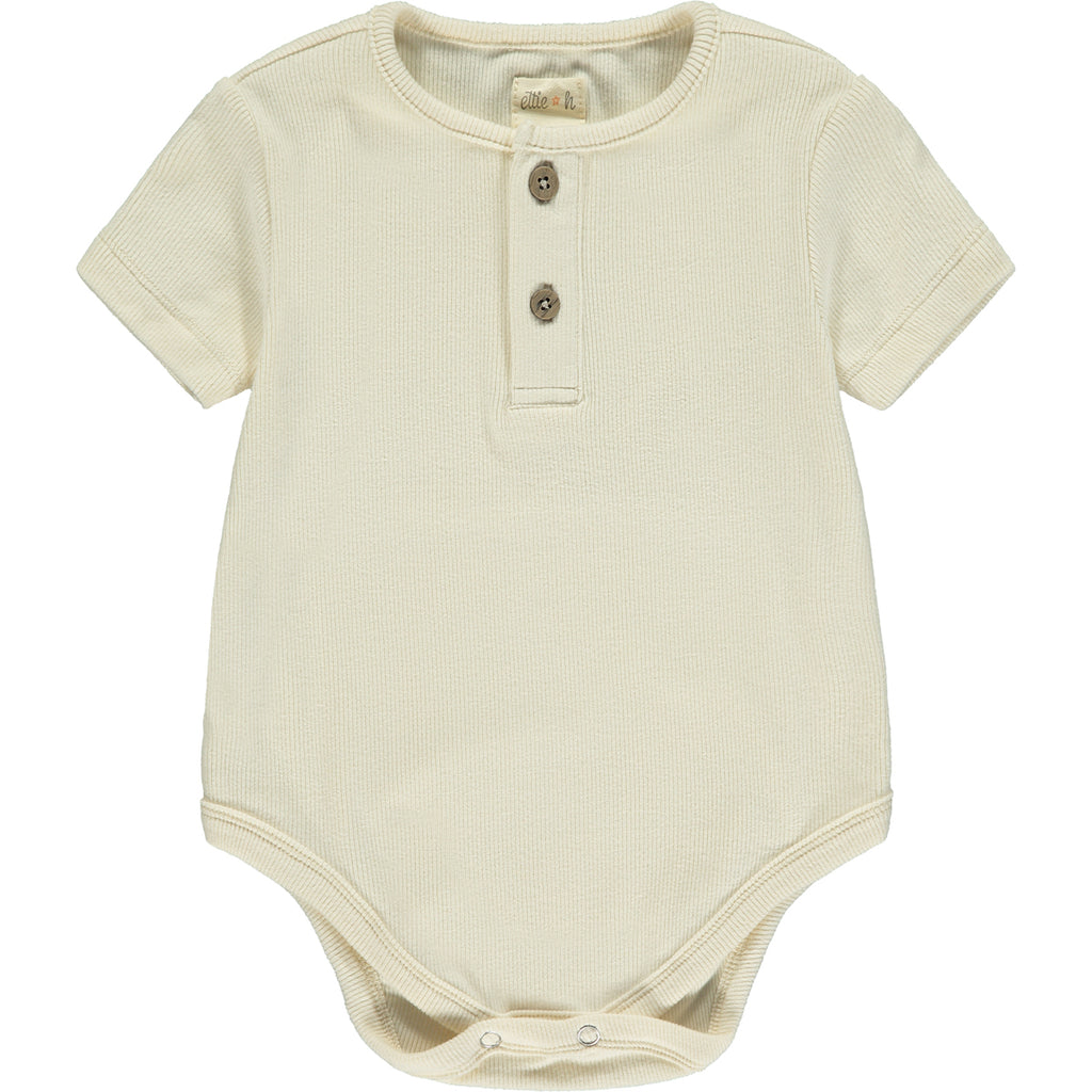 short sleeved cream onesie with 2 button henley style detail on front