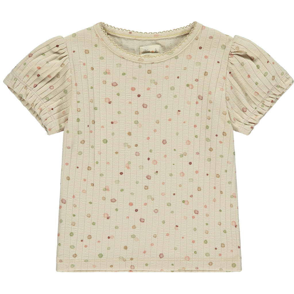 tee shirt in cream ribbed cotton with pastel dotty print