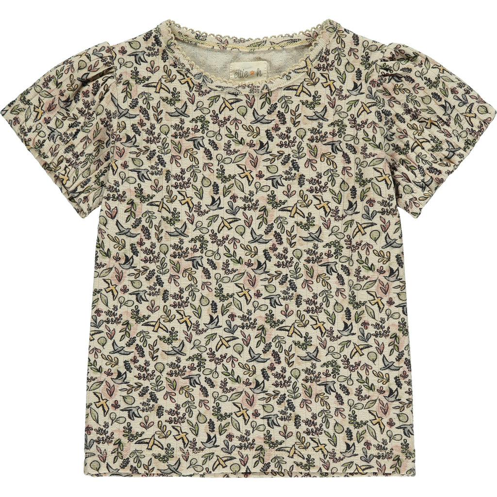 tee shirt in cream ribbed jersey with bird and flower print